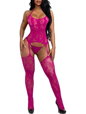 Women Pink Exotic Tights Soft Nightwear Lingerie Fishnet Body Stocking Suit